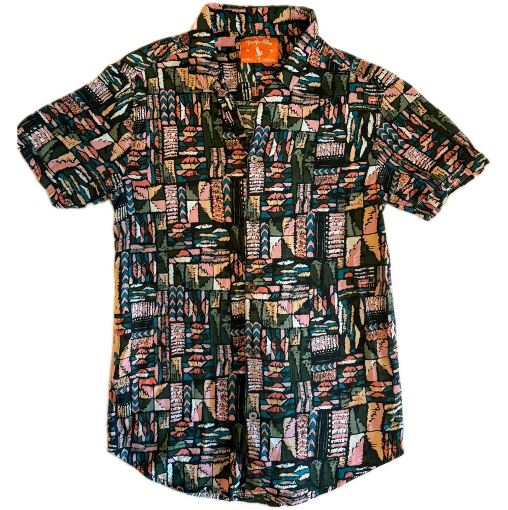 Pacific Blue Men's L Regular Multicolor Geometric Woven Short Sleeve Button-Up